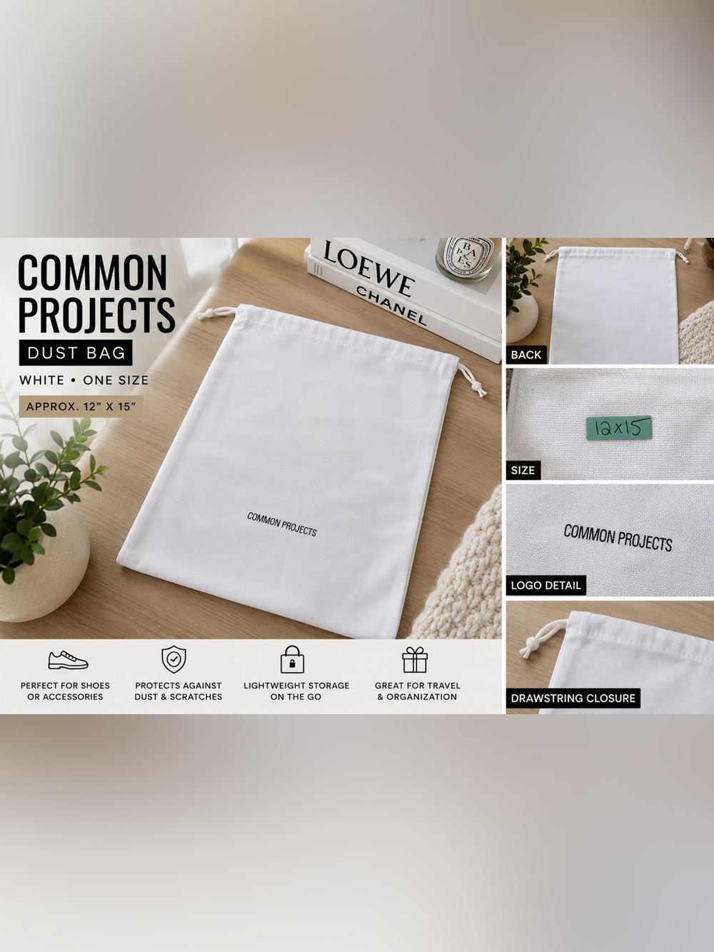 Common Projects White Shoe Dust Bag Storage Pouch 12x15